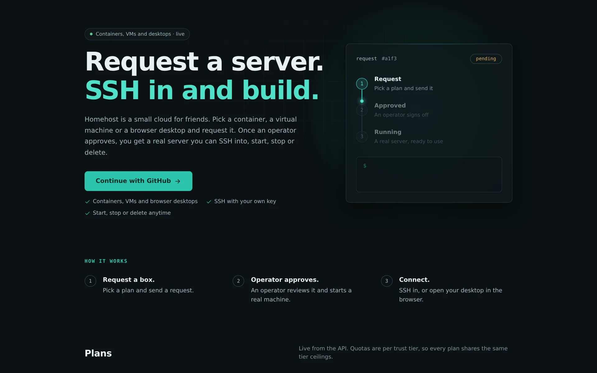 homehost landing page with the request, approve and SSH flow
